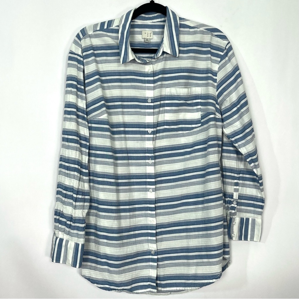 A New Day Blue and White Striped Button Up 3/4 Adjustable Sleeve Shirt Sz XL